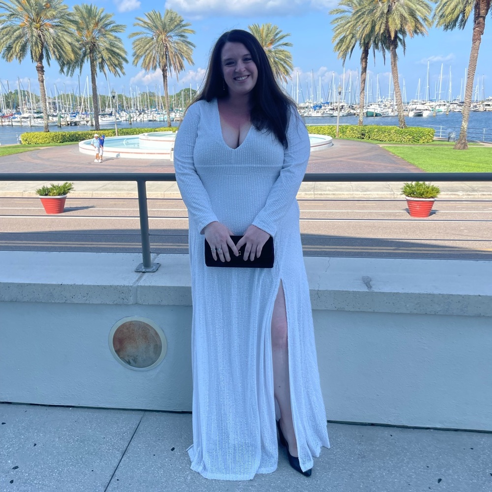 Stunning white sequined thigh high double split dress